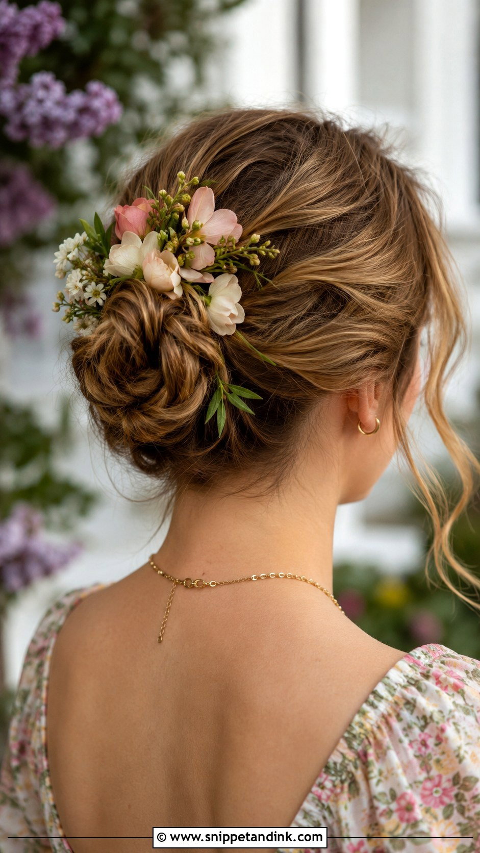 Floral Accented Bun - Snippet and Ink - 20 Wedding Guest Hair Up Do Ideas