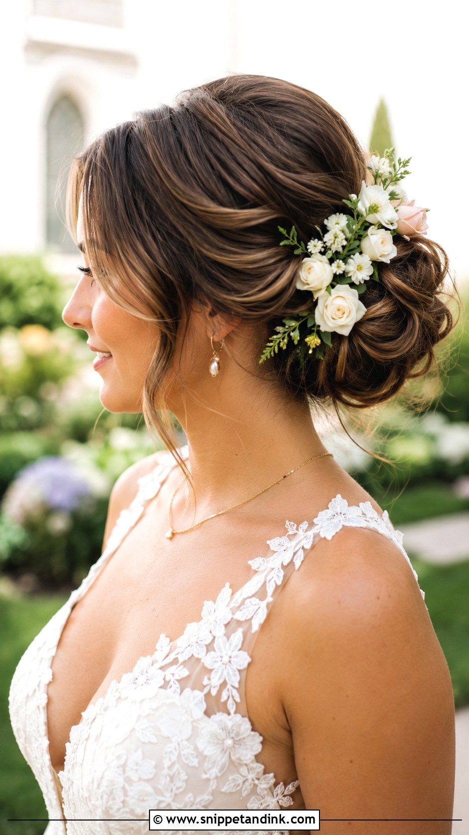 Floral Accented Bun Updo - Snippet and Ink - 20 Bridal Hair Updo Front View Ideas
