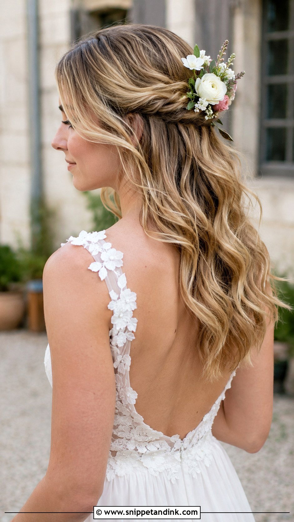 Floral Accented Half Up - Snippet and Ink - 25 Glam Wedding Hair Ideas