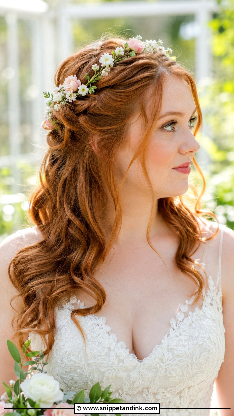 Floral Accented Half Up Style - Snippet and Ink - 20 Hairstyle for Medium Hair Wedding Ideas