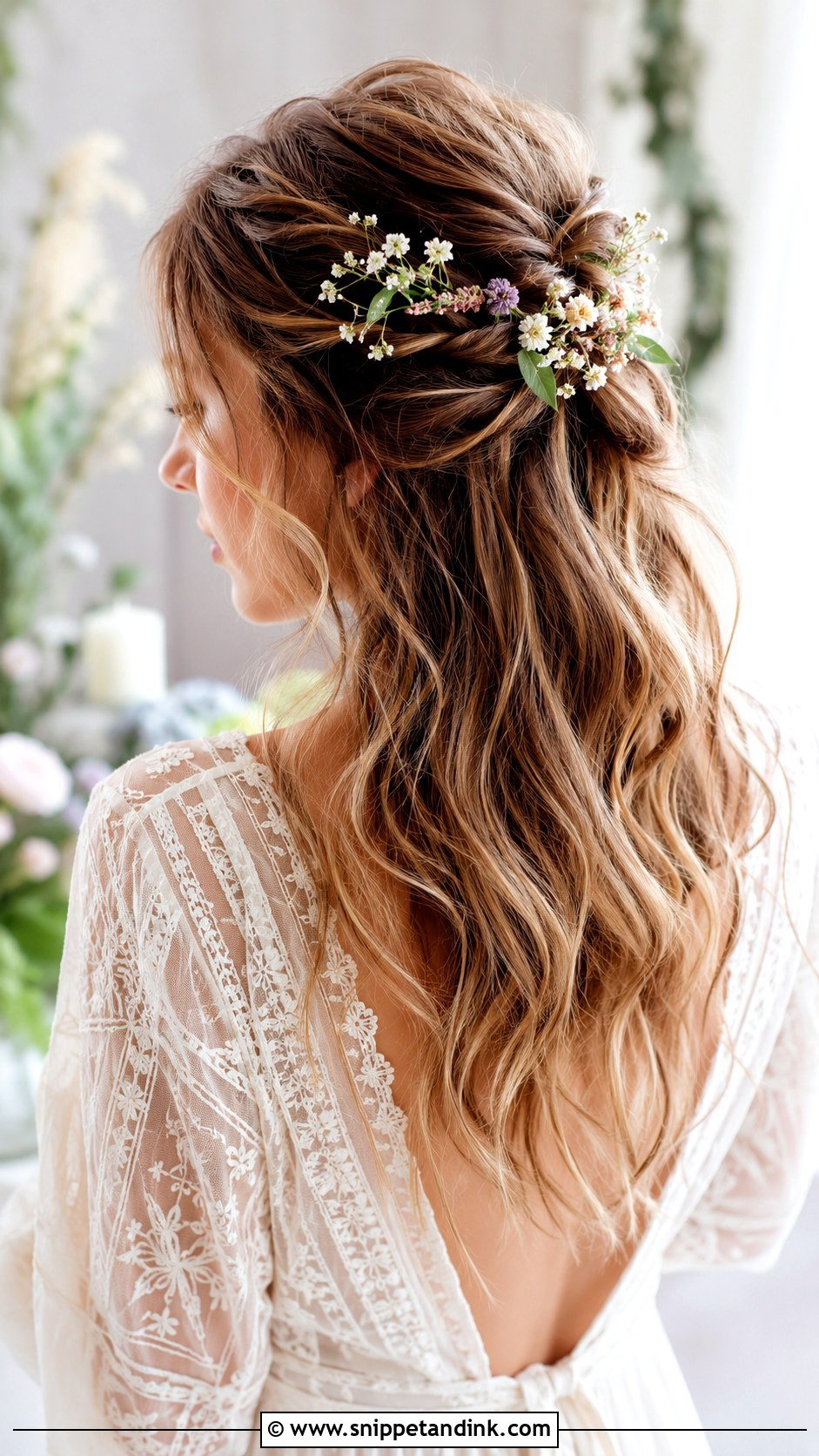 Floral Accented Half Up - Snippet and Ink - 20 Summer Wedding Guest Hairstyles