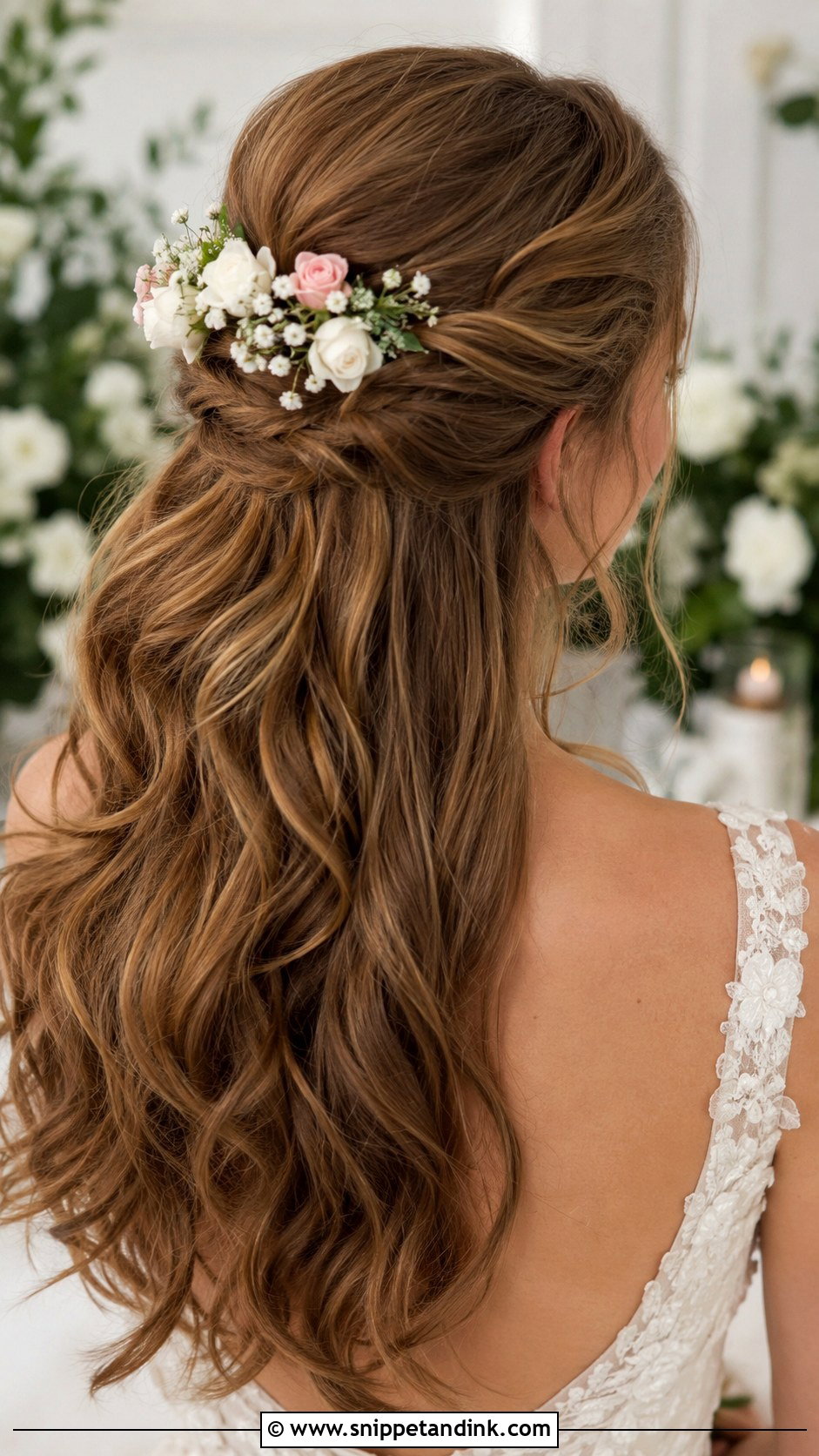 Floral Accented Half Updo - Snippet and Ink - 20 Kate Middleton Wedding Hair Ideas