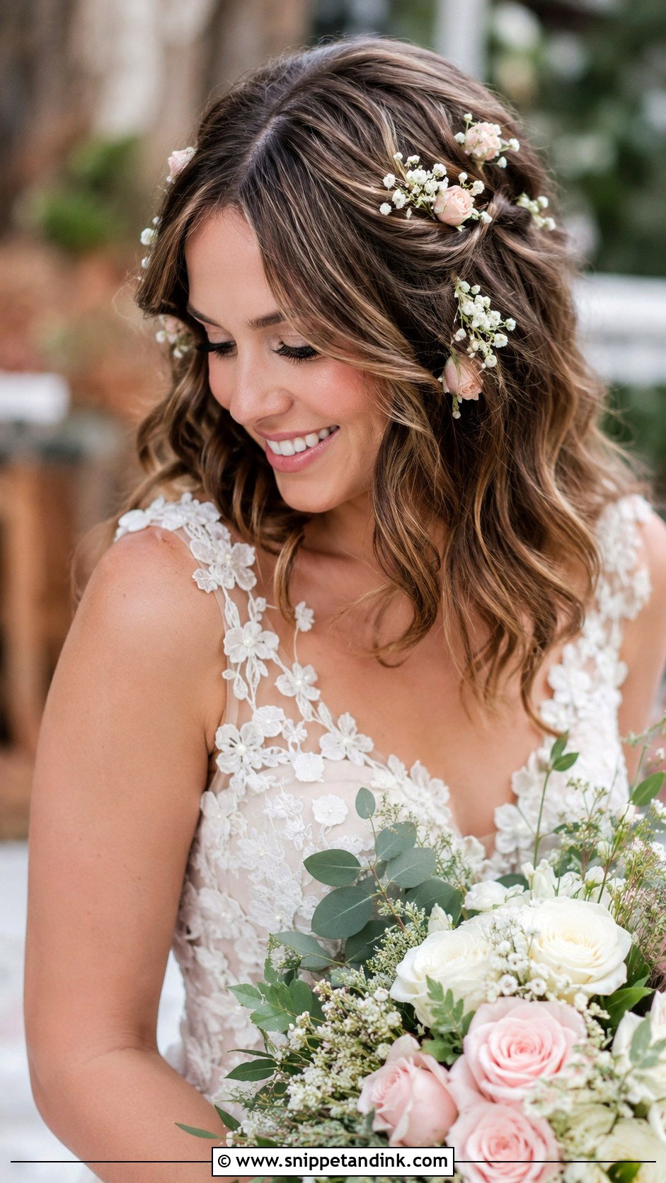 Floral Accented Lob - Snippet and Ink - 20 Lob Wedding Hair Ideas