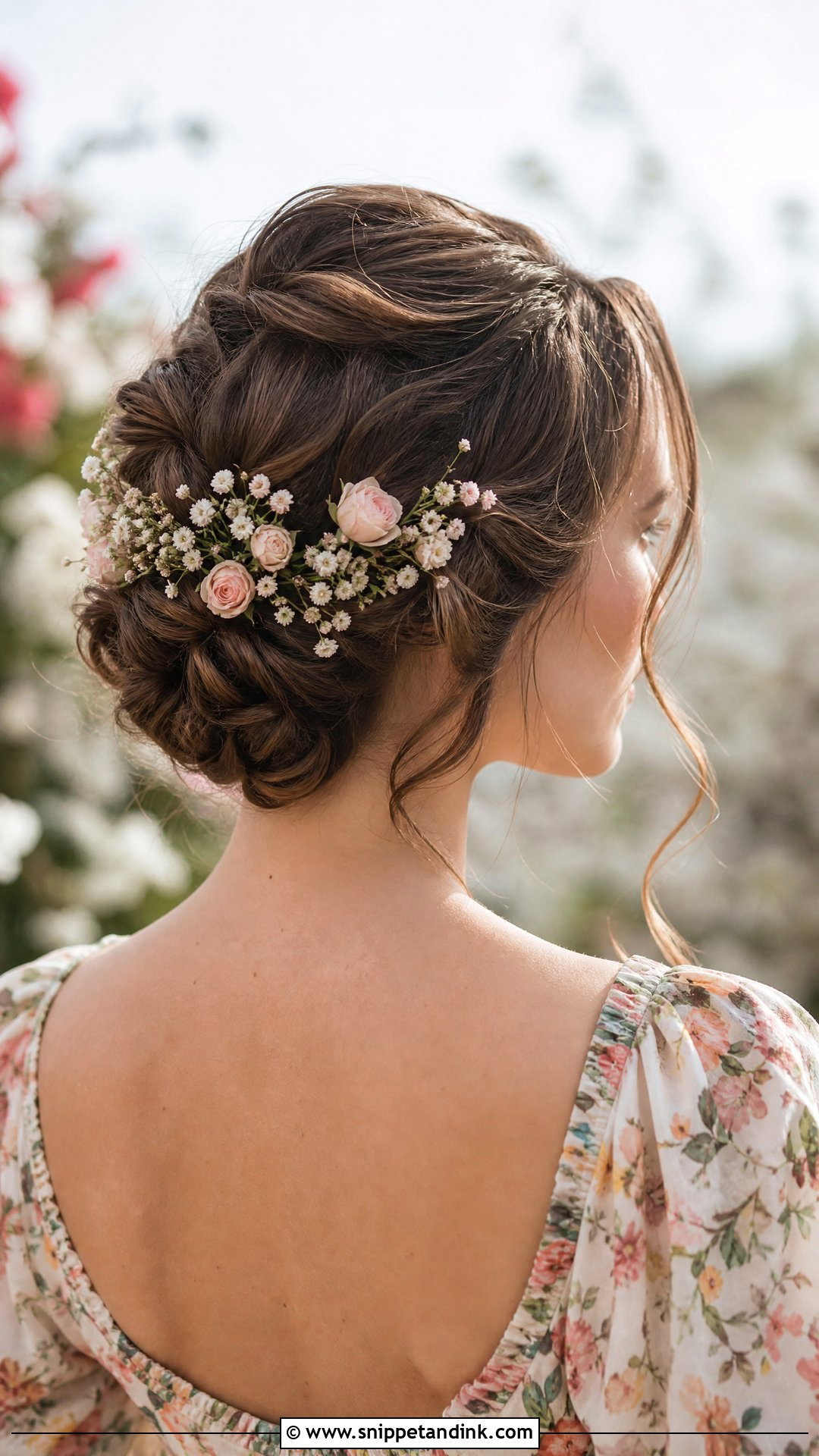 Floral Accented Updo - Snippet and Ink - 20 Easy Short Hair Wedding Guest Updo Ideas