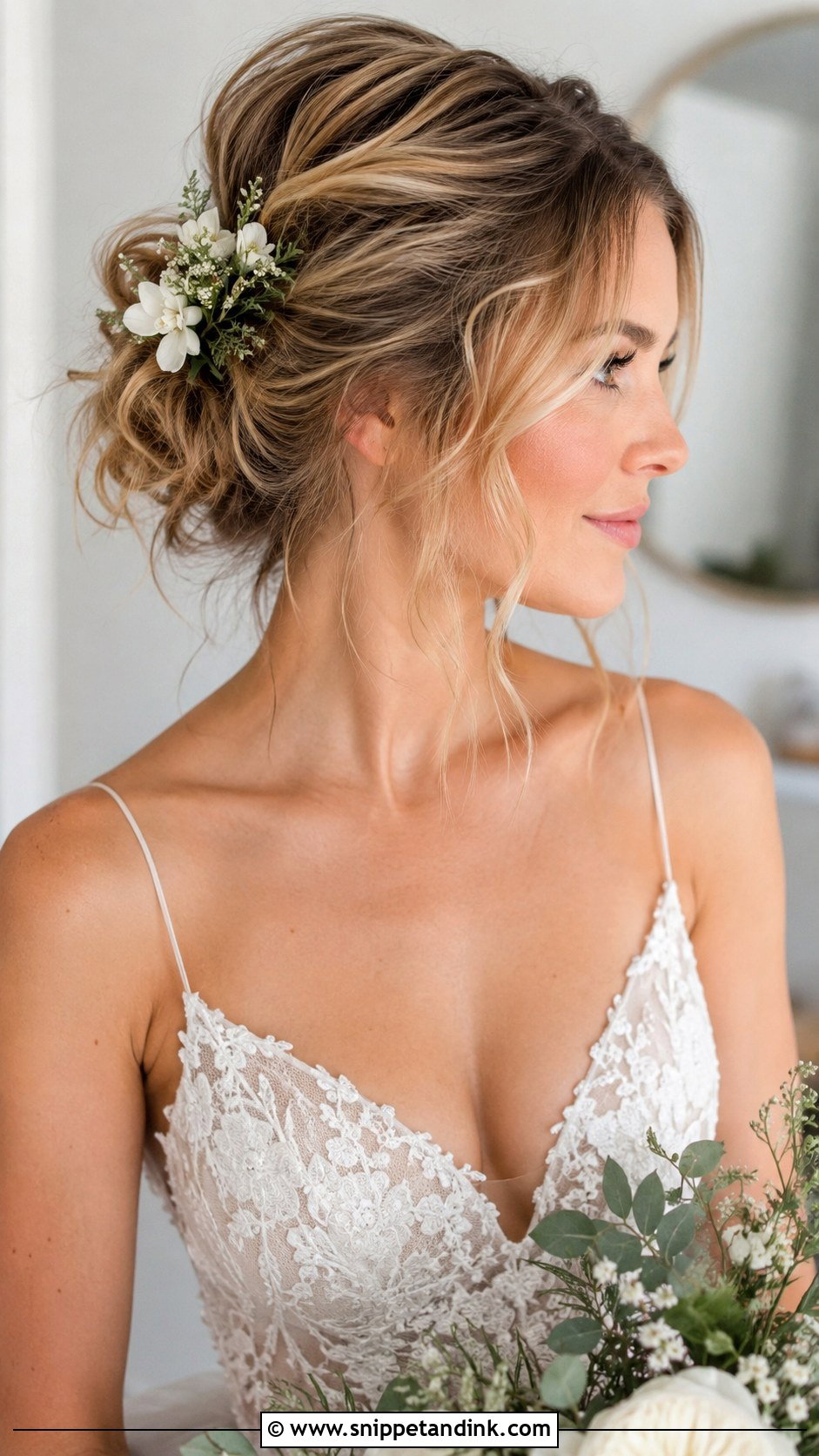Floral Accented Updo - Snippet and Ink - 20 Round Face Bridal Hairstyles