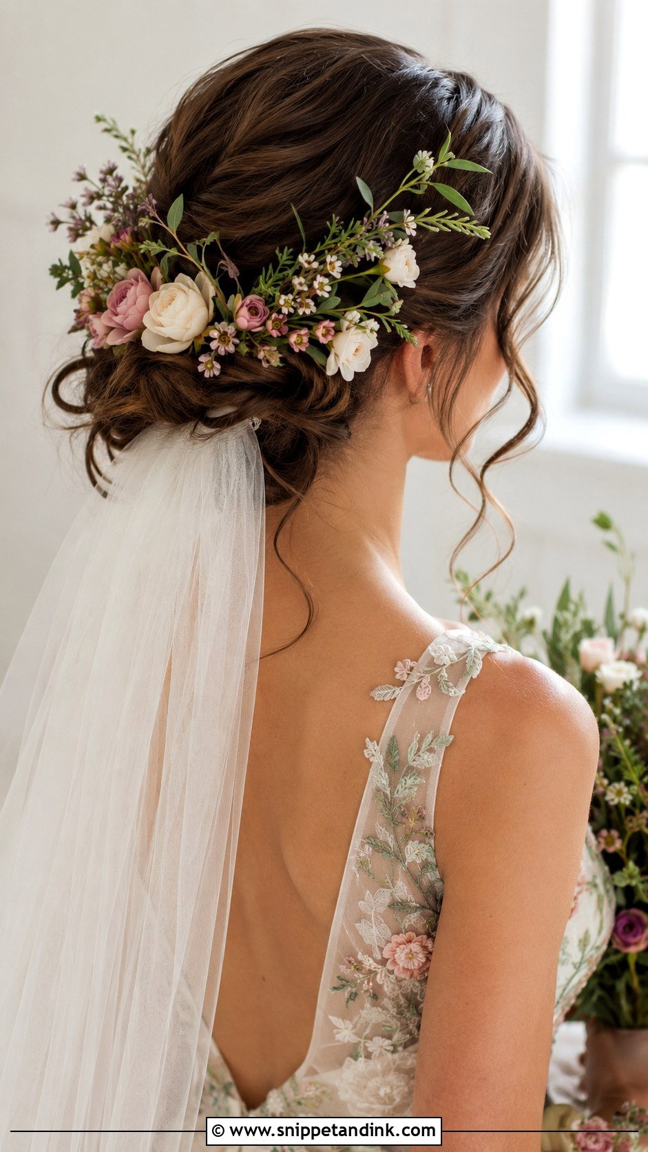 Floral Accented Updo With Veil Under - Snippet and Ink - 25 Veil Under Updo Ideas