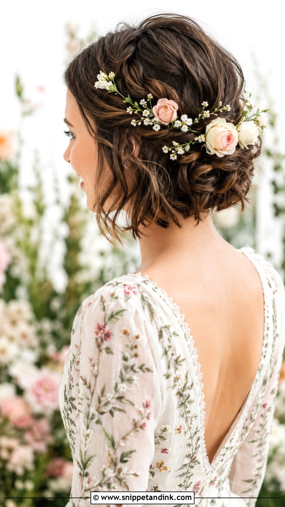 Floral Accented Updo for Short Hair - Snippet and Ink - 20 Short Updo Wedding Hairstyles