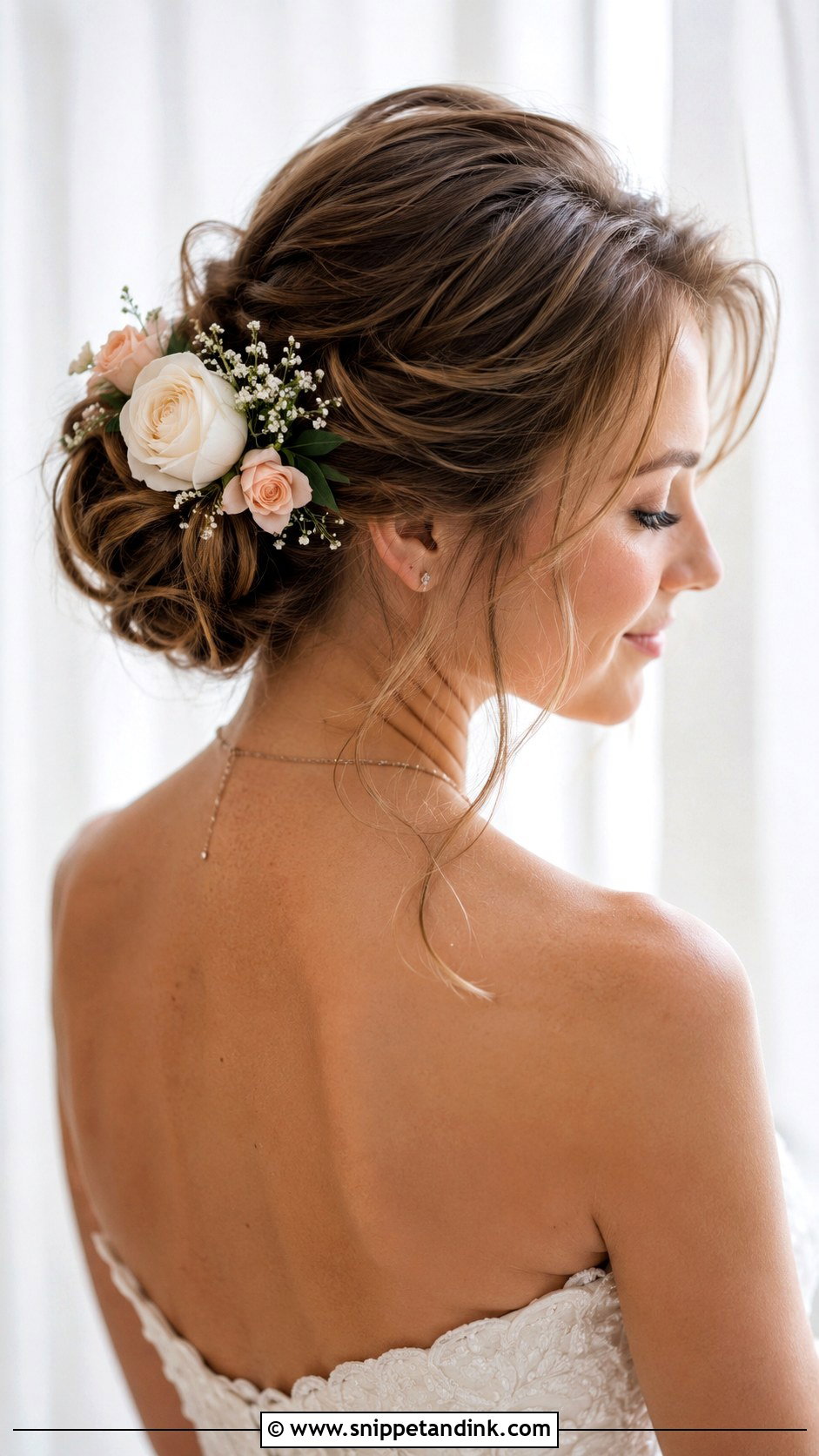 Floral Accented Updo for Strapless Gown - Snippet and Ink - 25 Wedding Hairstyles for Strapless Dress