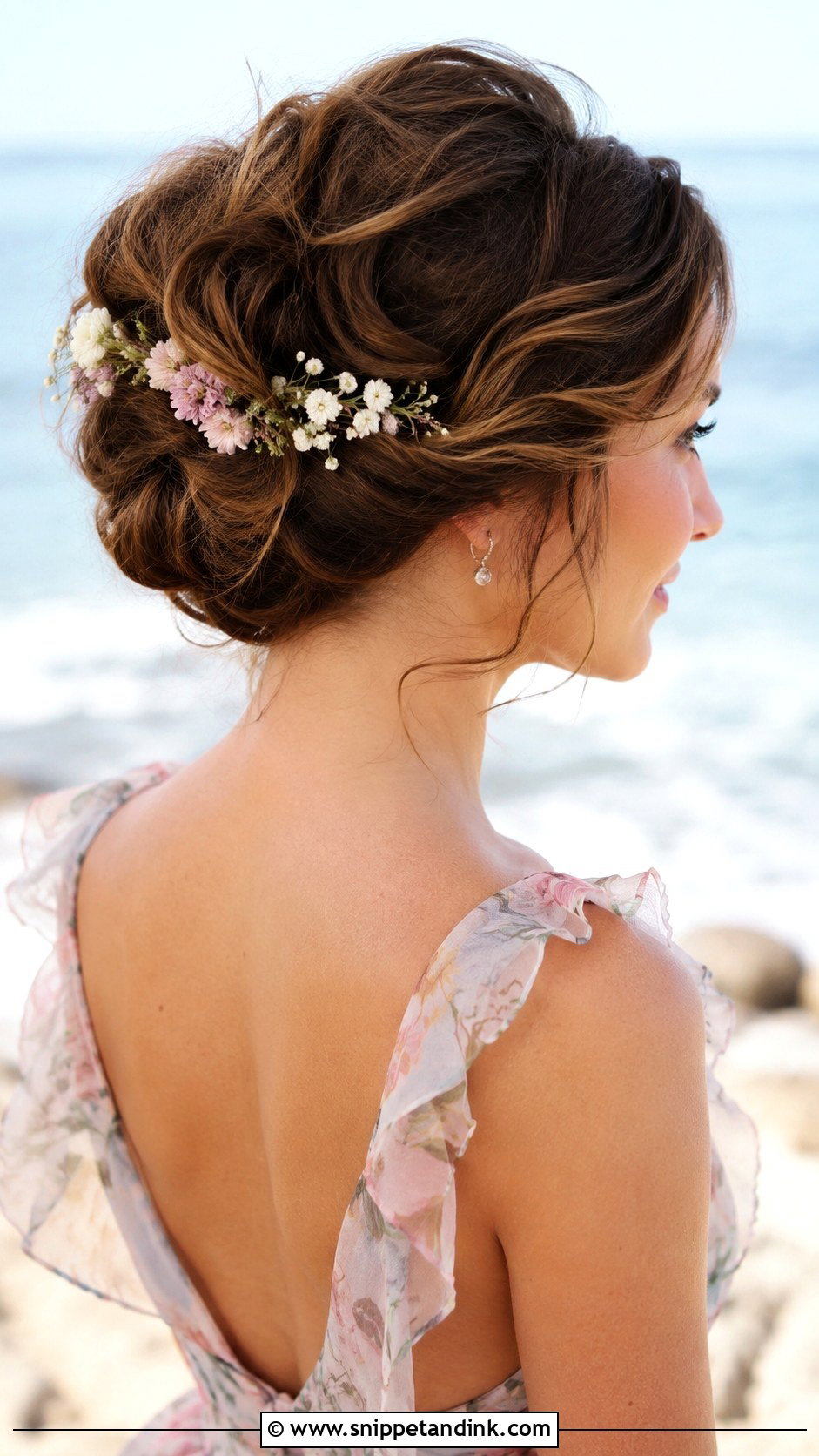 Floral Accented Updo - Snippet and Ink - 20 Beach Wedding Guest Hairstyles