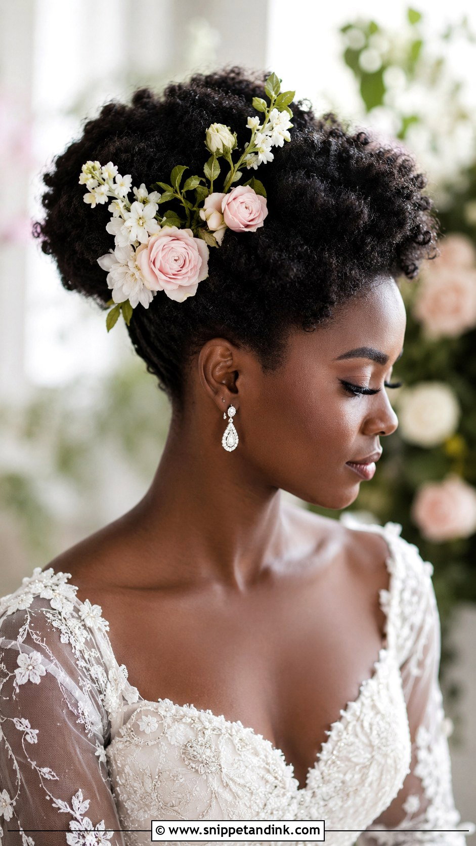 Floral Adorned Afro Updo - Snippet and Ink - 25 Black Hair Bride Hairstyles