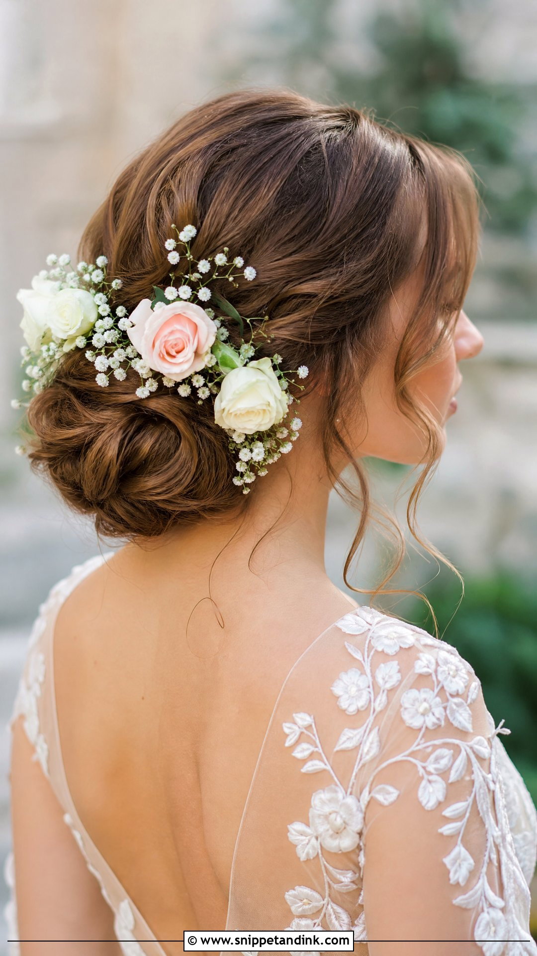 Floral Adorned Bun Updo - Snippet and Ink - 20 Simple Wedding Updos for Long Hair