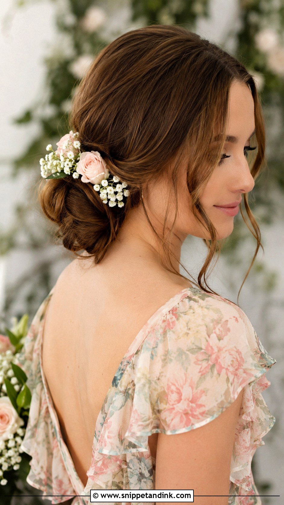 Floral Adorned Low Bun Engagement Hairstyle - Snippet and Ink - 25 Hairstyle for Engagement Bride Ideas