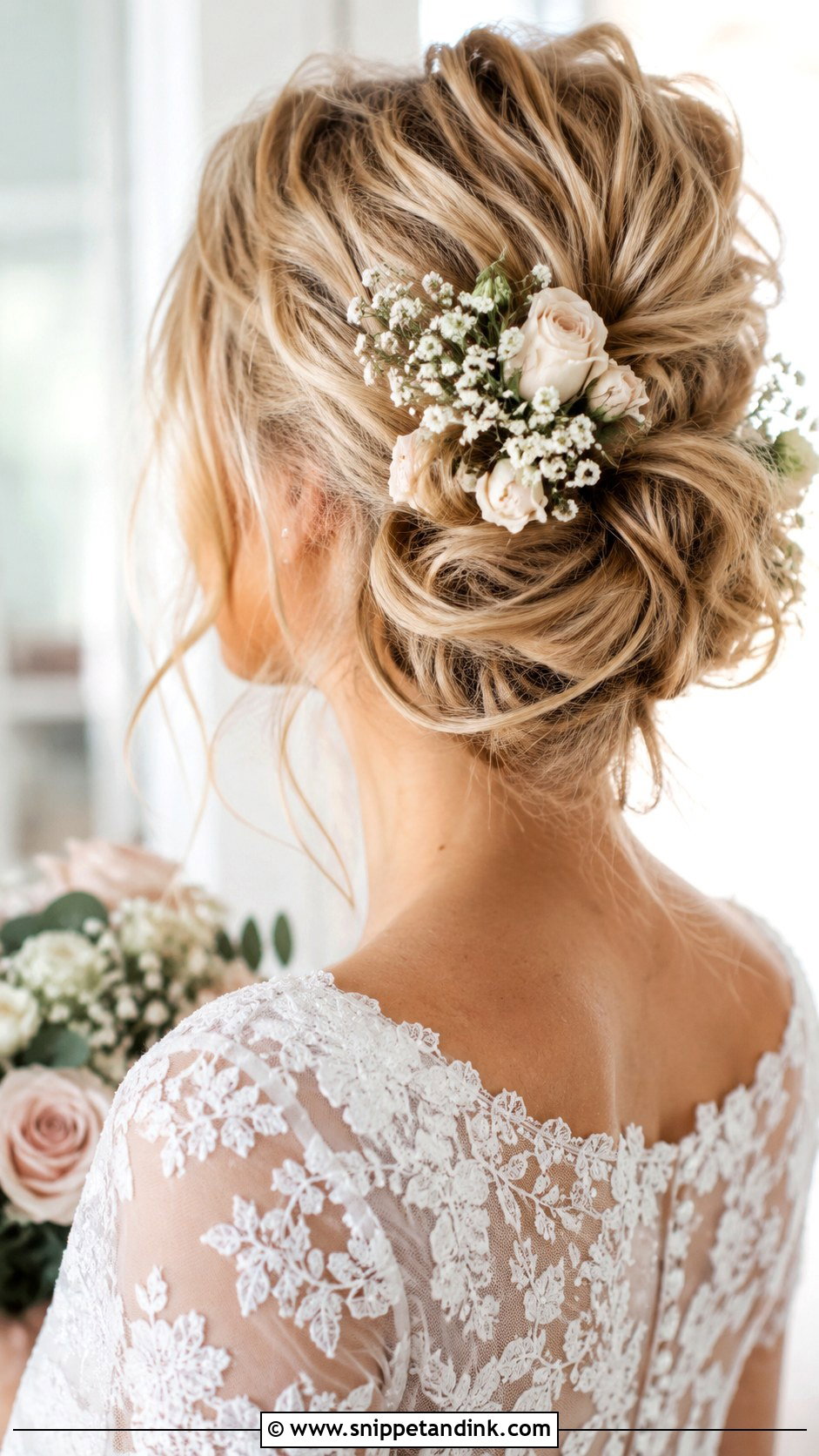 Floral Adorned Messy Bun - Snippet and Ink - 20 Bridal Messy Bun Hairstyles