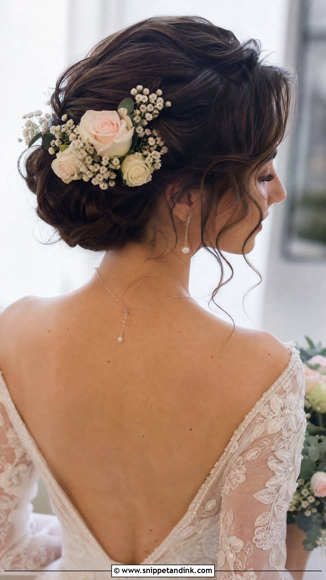 Floral Adorned Updo for Dark Hair - Snippet and Ink - 20 Dark Hair Wedding Hairstyles Brides