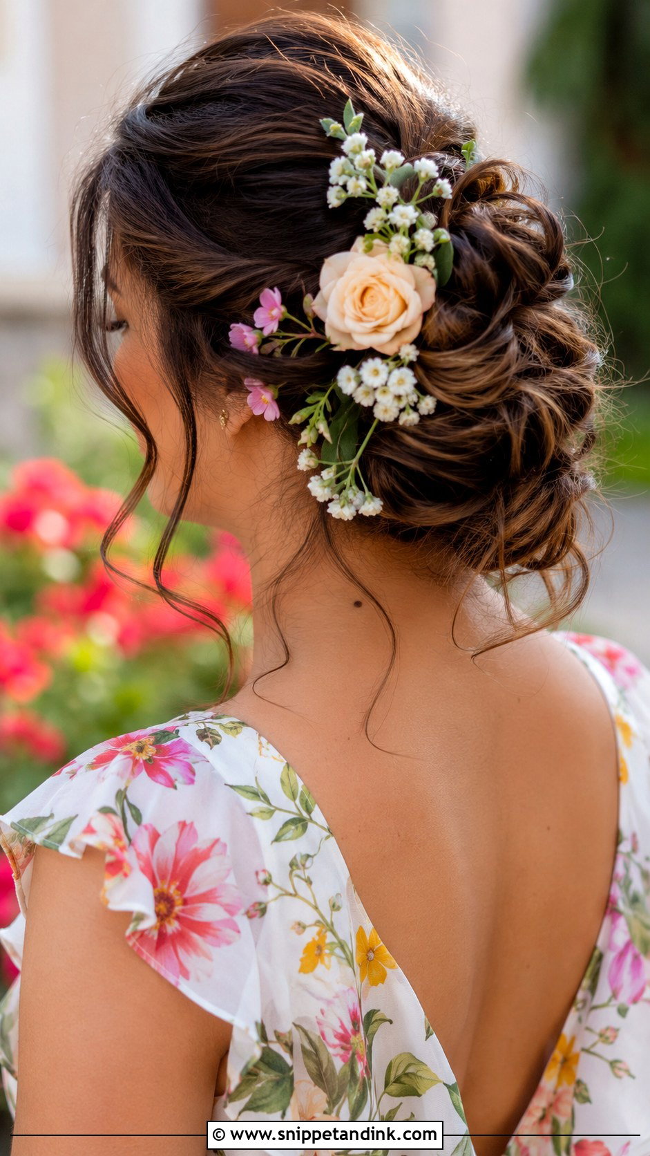 Floral Adorned Updo for Engagement - Snippet and Ink - 20 Hairstyle for Engagement Look Ideas