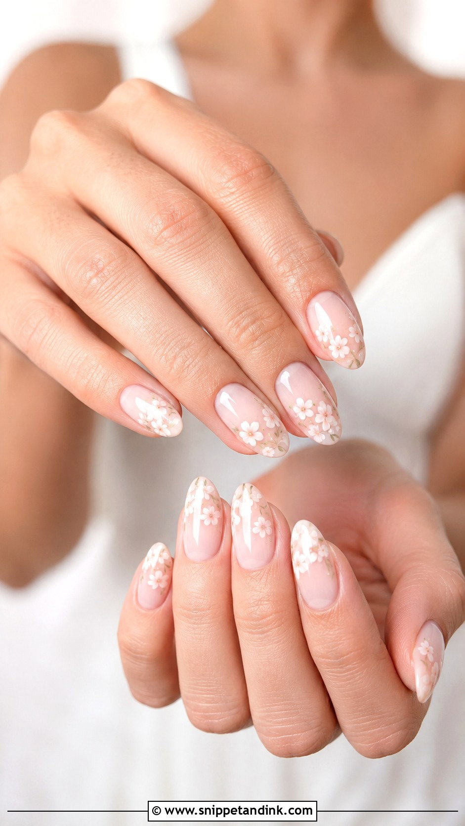 Floral Almond Wedding Nails - Snippet and Ink - 20 Almond Wedding Nail Inspo for Bride Ideas