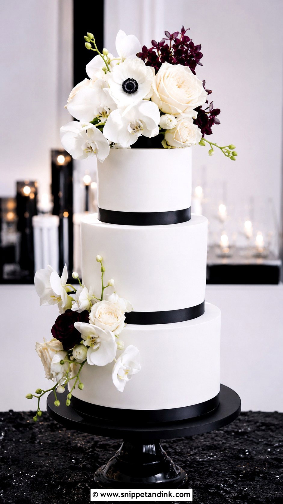 Floral Black And White Wedding Cake - Snippet and Ink - 20 Modern Floral Wedding Cake Ideas