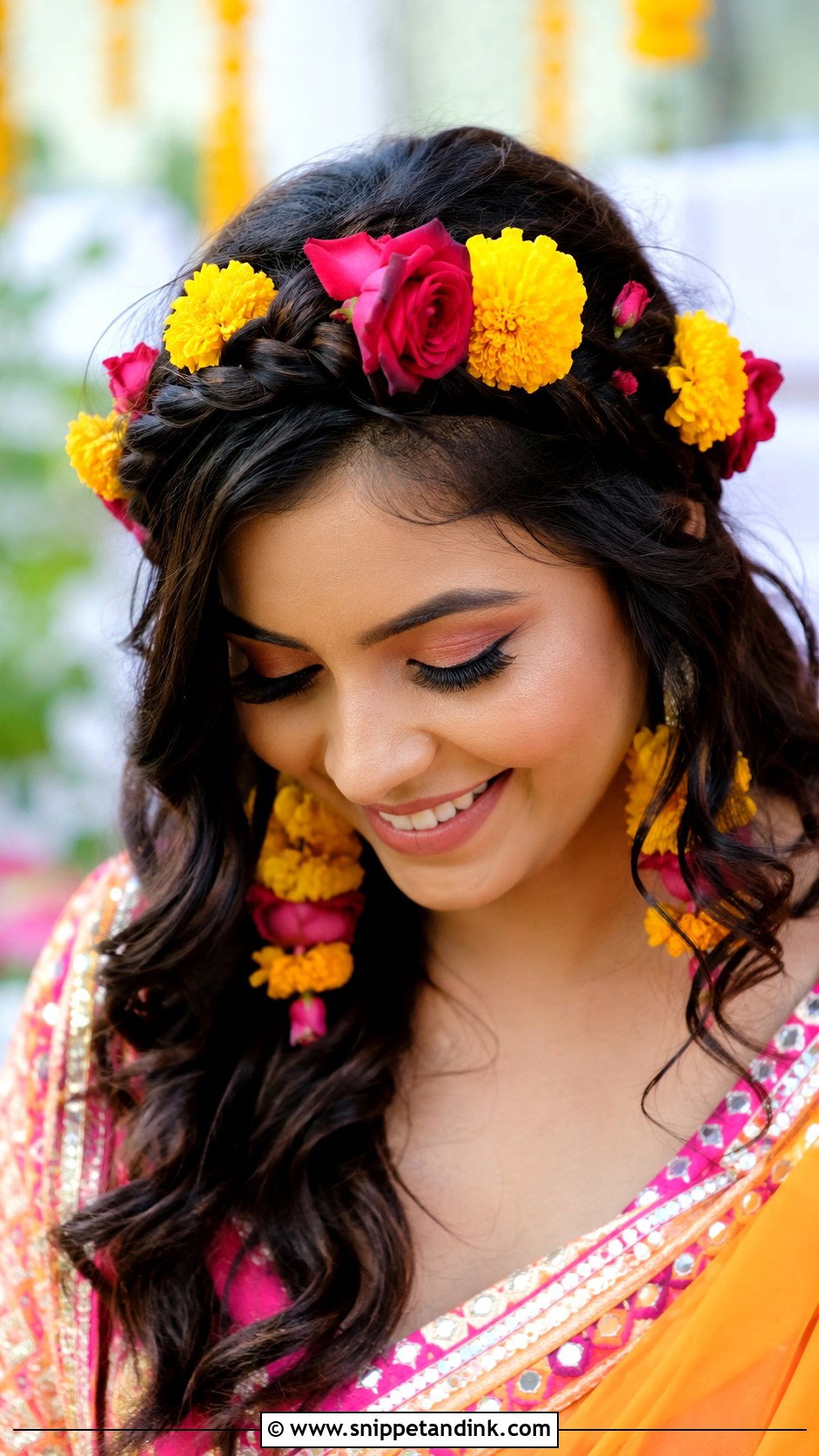 Floral Braid Crown for Mehndi - Snippet and Ink - 30 Indian Bridal Dulhan Hairstyles