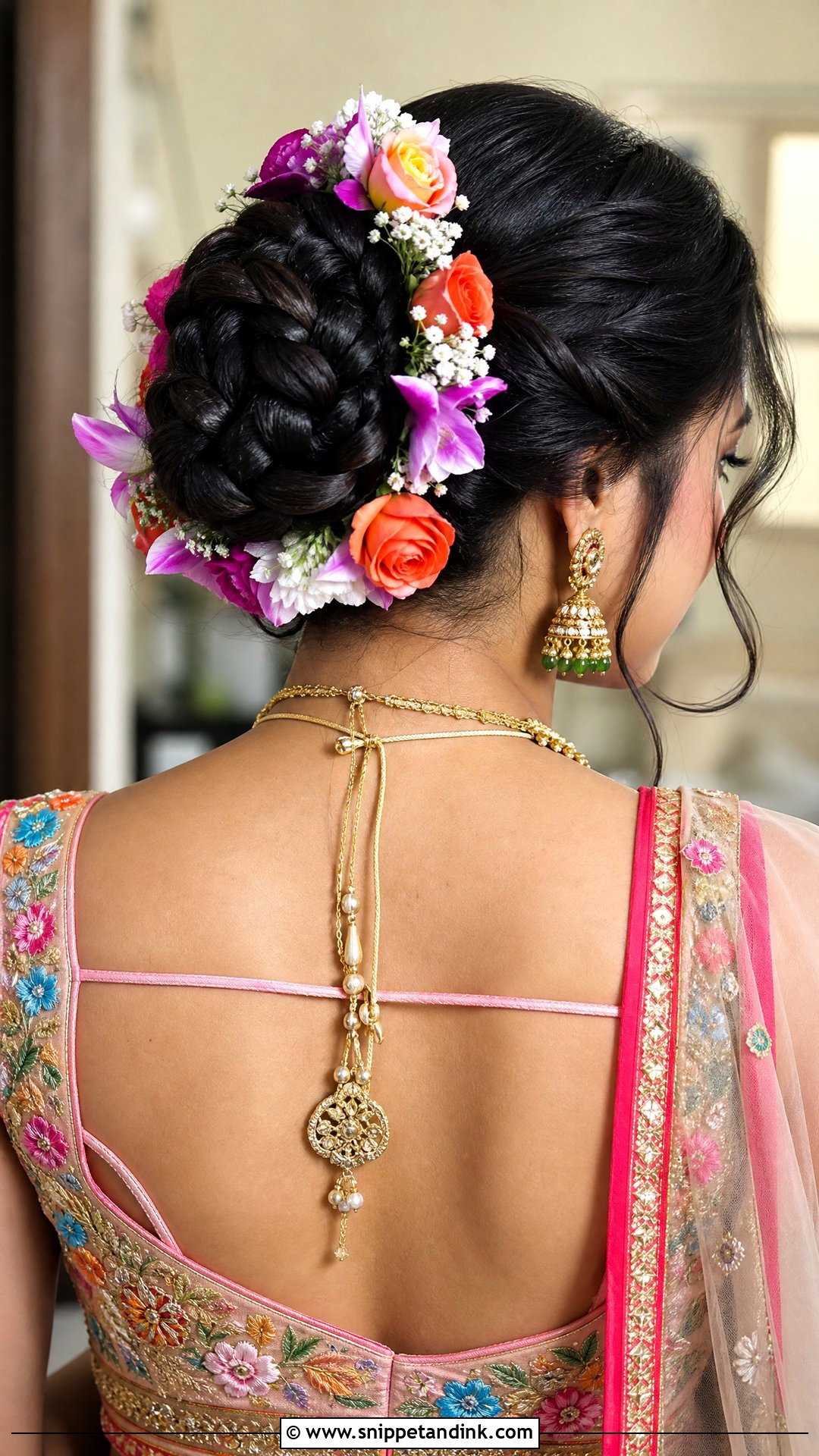 Floral Braided Bun Hairstyle - Snippet and Ink - 20 Indian Wedding Buns Hairstyles