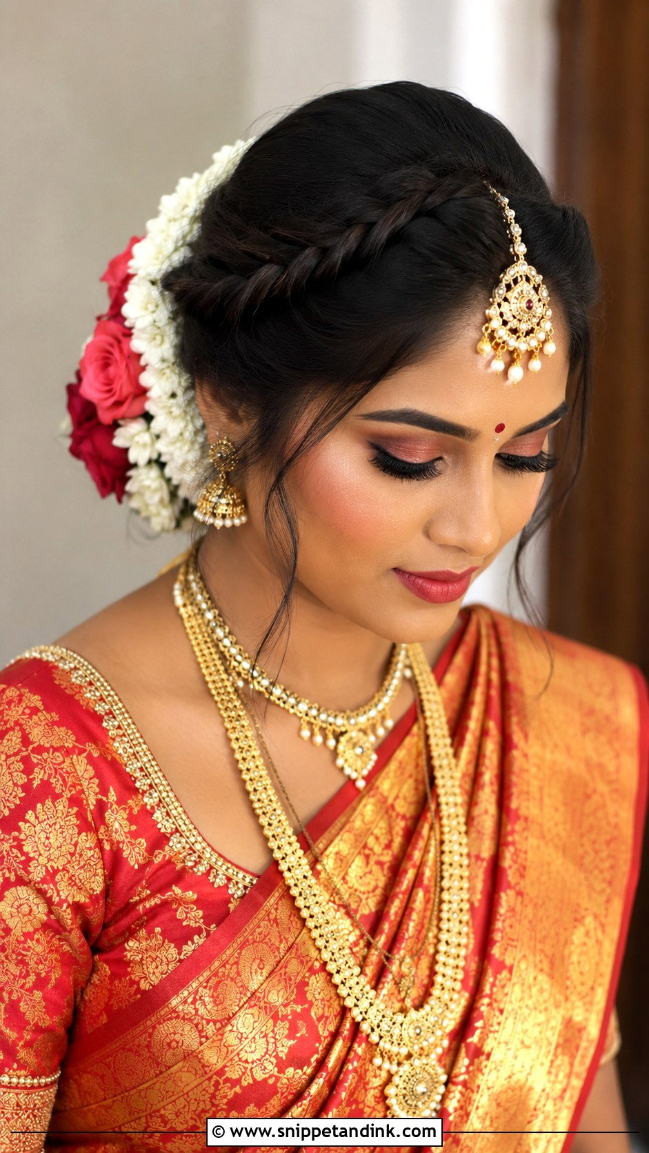 Floral Braided Front Bun - Snippet and Ink - 25 Indian Front Hair Styles for Wedding