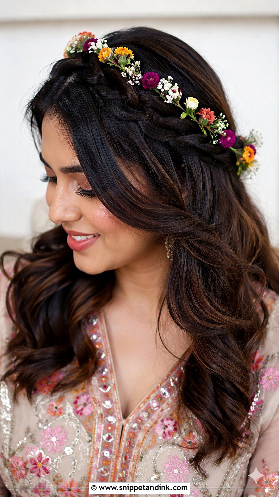Floral Braided Headband - Snippet and Ink - 25 Mehndi Hairstyles for Bride Sister