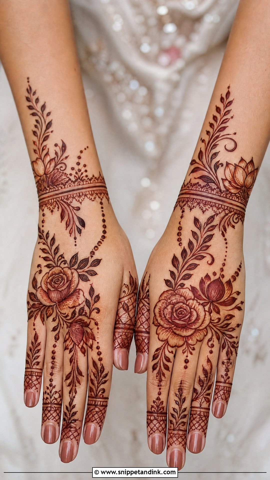 Floral Bridal Back Hand Mehndi Design - Snippet and Ink - 30 Bridal Back Hand Mehndi Design Ideas