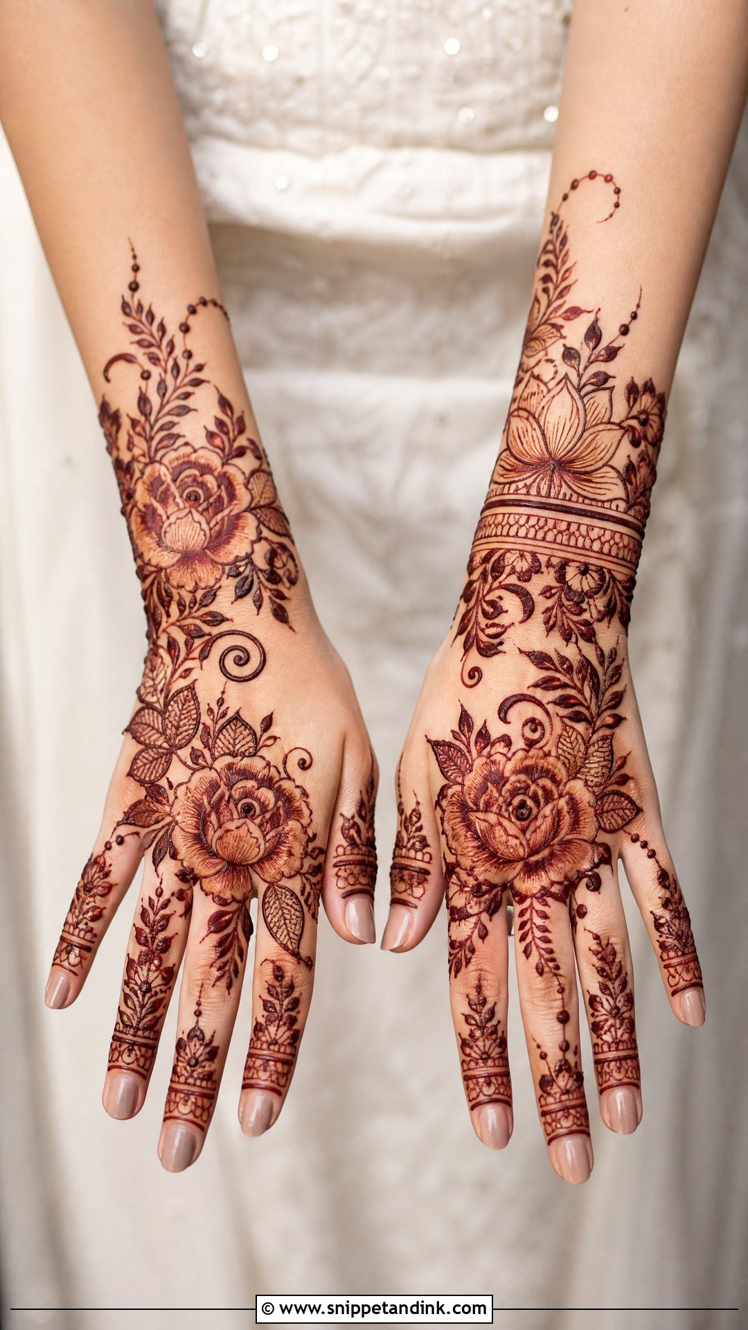 Floral Bridal Back Hand Mehndi Design - Snippet and Ink - 20 Bride Back Hand Mehndi Designs