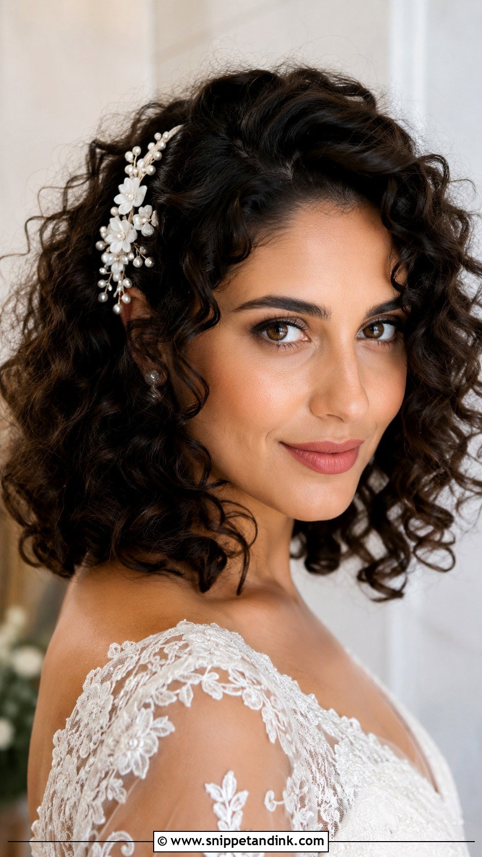 Floral Bridal Comb With Curly Hair - Snippet and Ink - 20 Bride Hair Jewelry Ideas