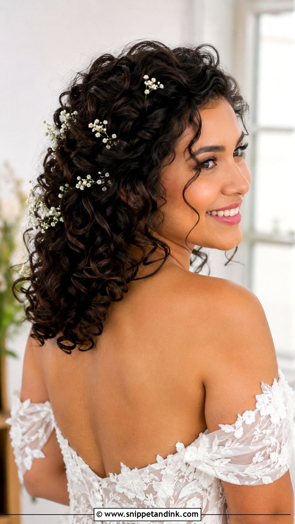Floral Bridal Curly Hair - Snippet and Ink - 20 Floral Bridal Hair Ideas