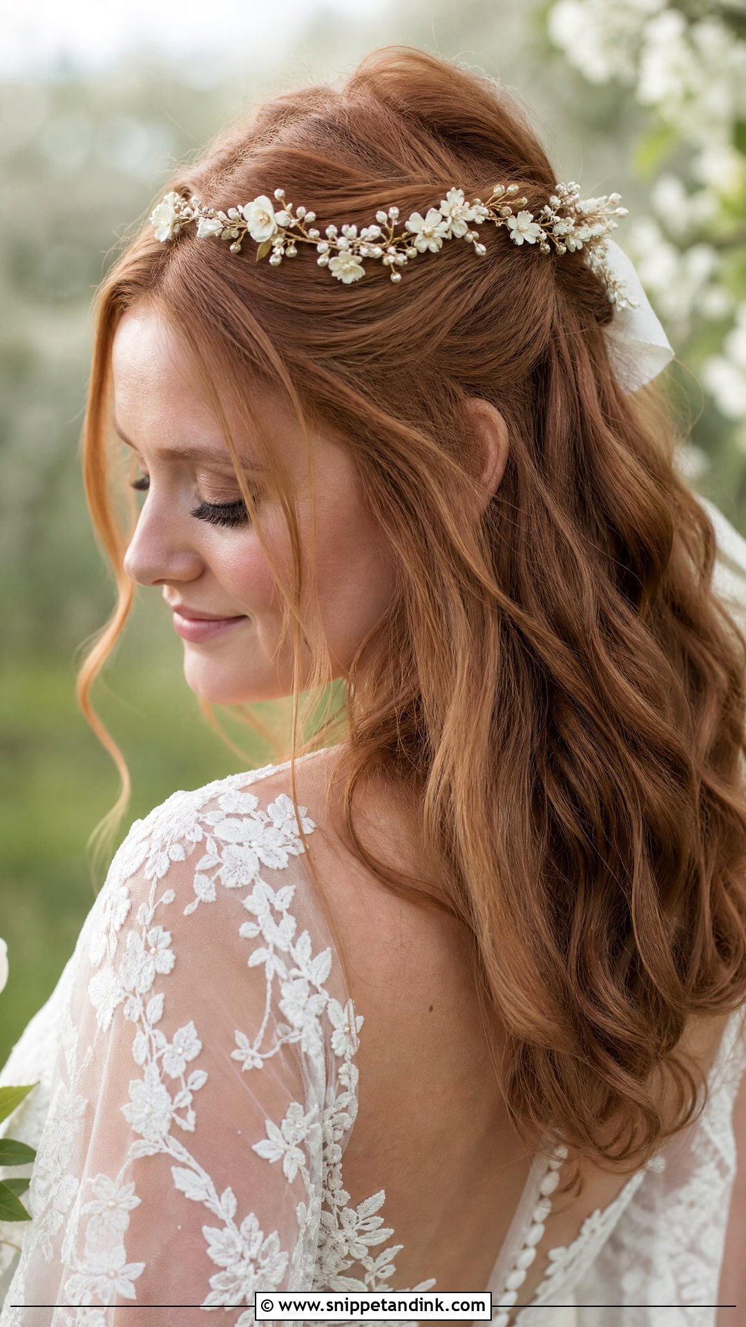 Floral Bridal Hair Band With Half Up Hair - Snippet and Ink - 15 Bridal Hair Bands