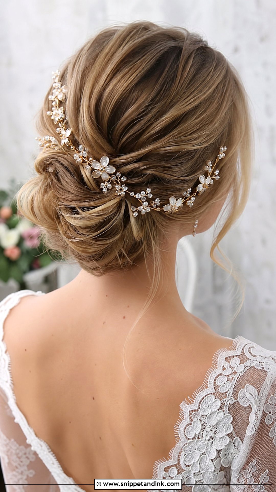 Floral Bridal Hair Chain With Updo - Snippet and Ink - 15 Bridal Hair Chain Ideas