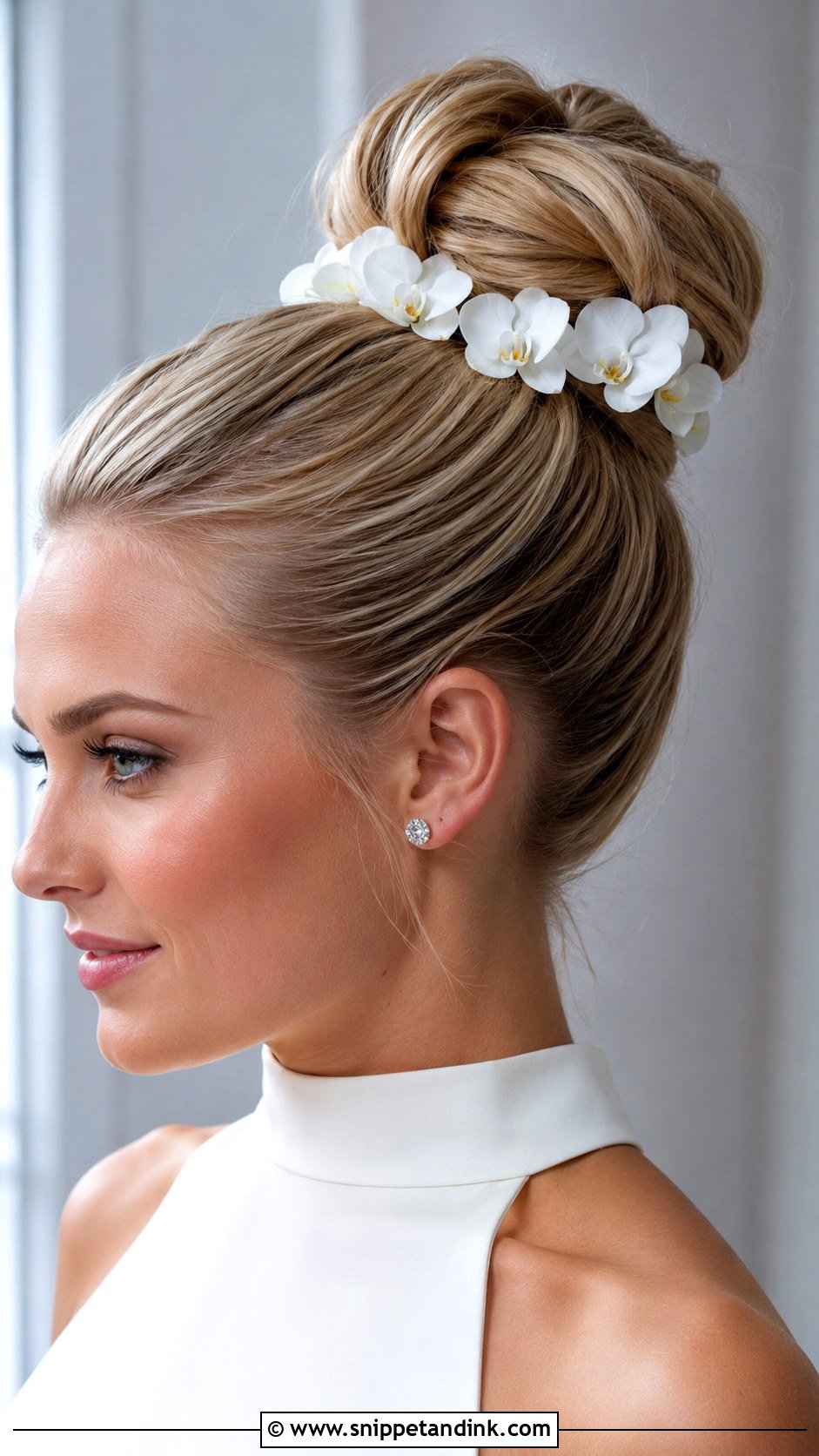 Floral Bridal High Bun - Snippet and Ink - 20 Floral Bridal Hair Ideas