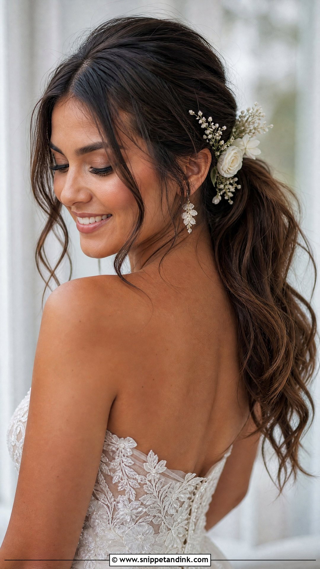 Floral Brunette Bridal Ponytail - Snippet and Ink - 15 Brunette Bridal Ponytail Hairstyles