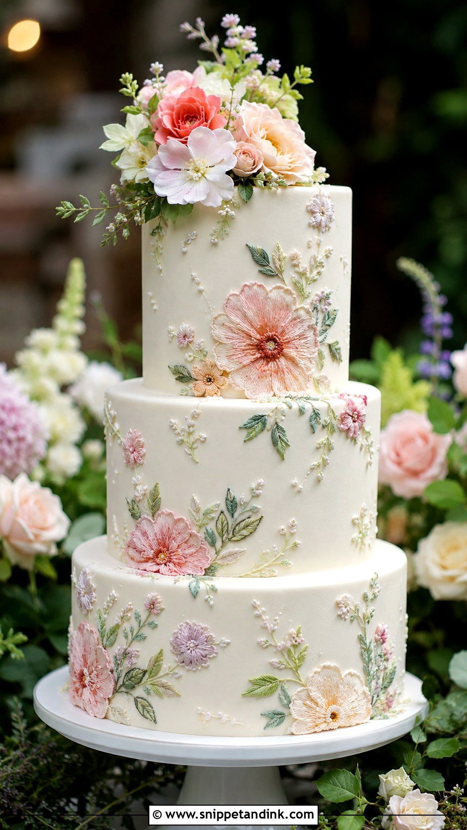 Floral Brush Embroidery Wedding Cake - Snippet and Ink - 20 Brush Embroidery Wedding Cake Ideas