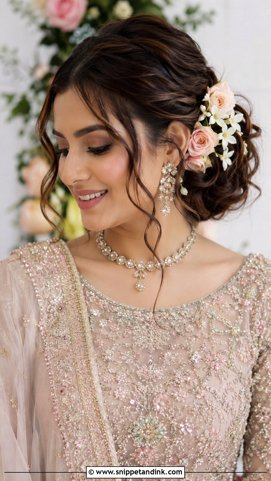 Floral Bun - Snippet and Ink - 25 Pakistani Bridal Hairstyles Walima