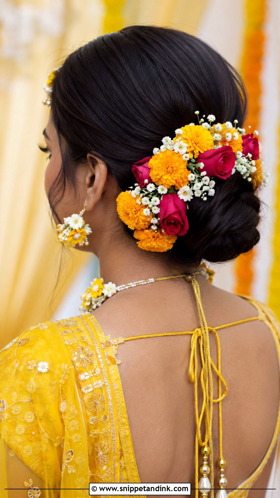 Floral Bun Haldi Hairstyle - Snippet and Ink - 25 Haldi Bride Hairstyle Ideas