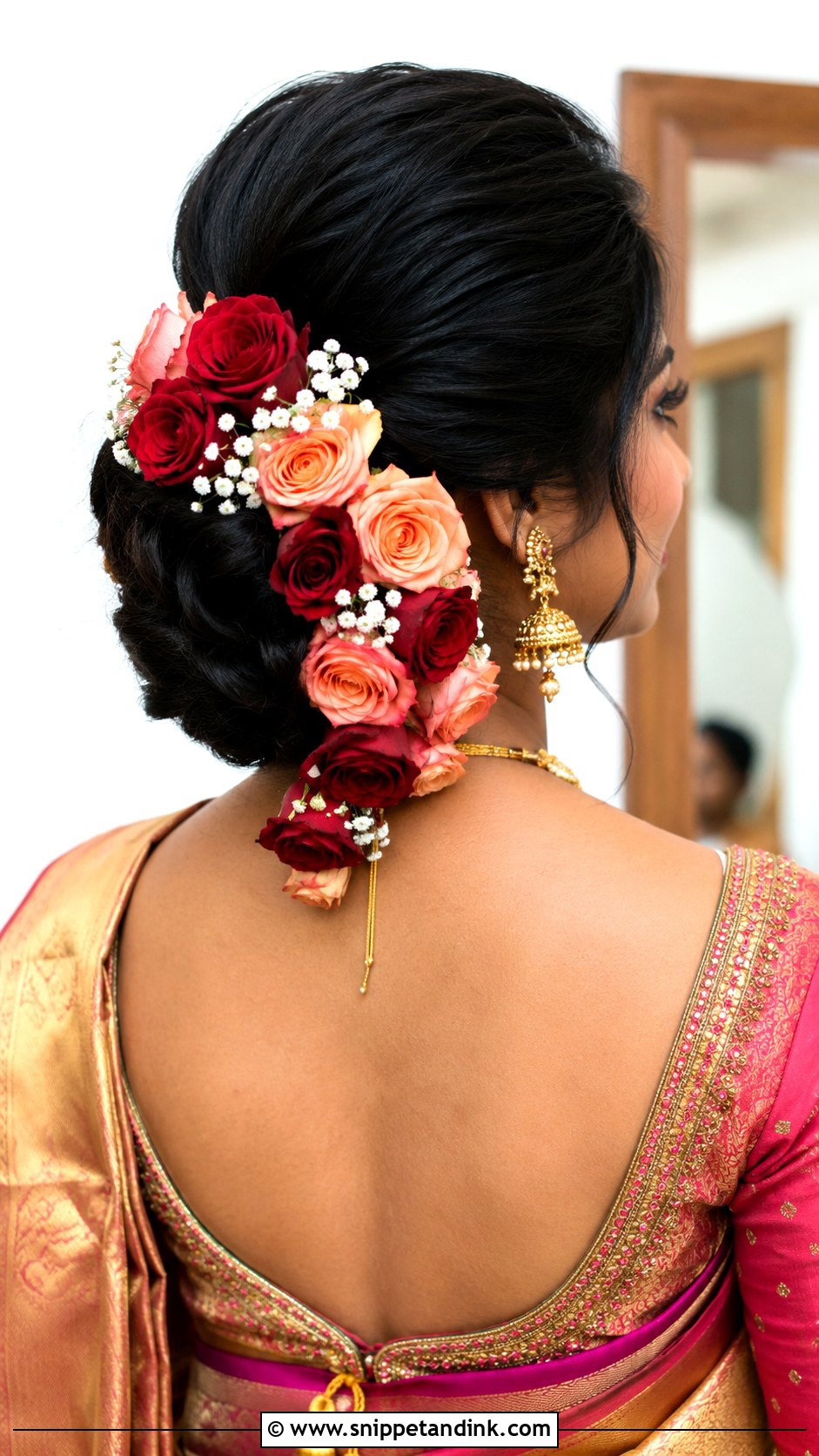 Floral Bun With Cascading Roses - Snippet and Ink - 20 Desi Bridal Hair Ideas