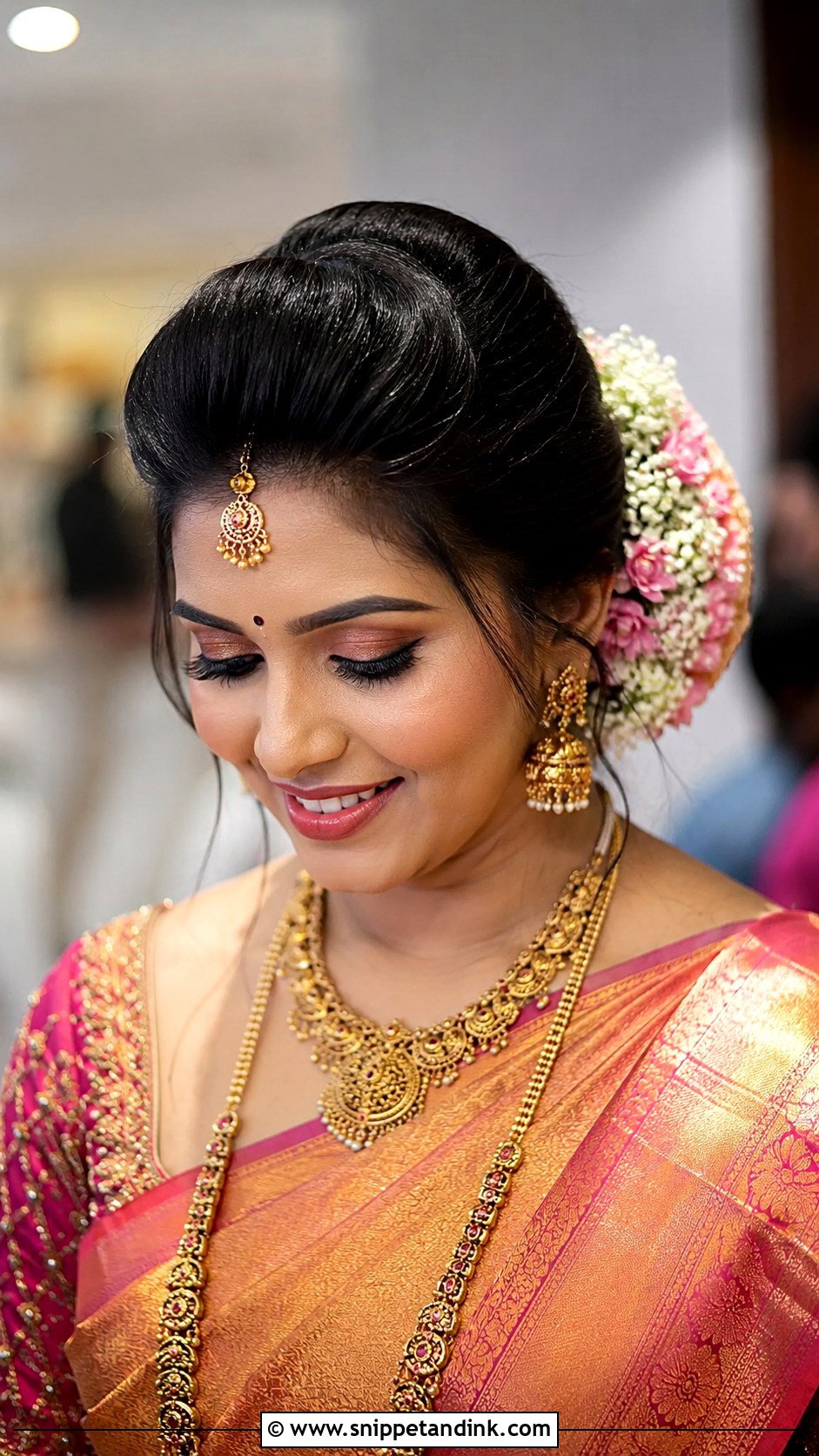 Floral Bun With Front Puff - Snippet and Ink - 30 Indian Wedding Front Hairstyles