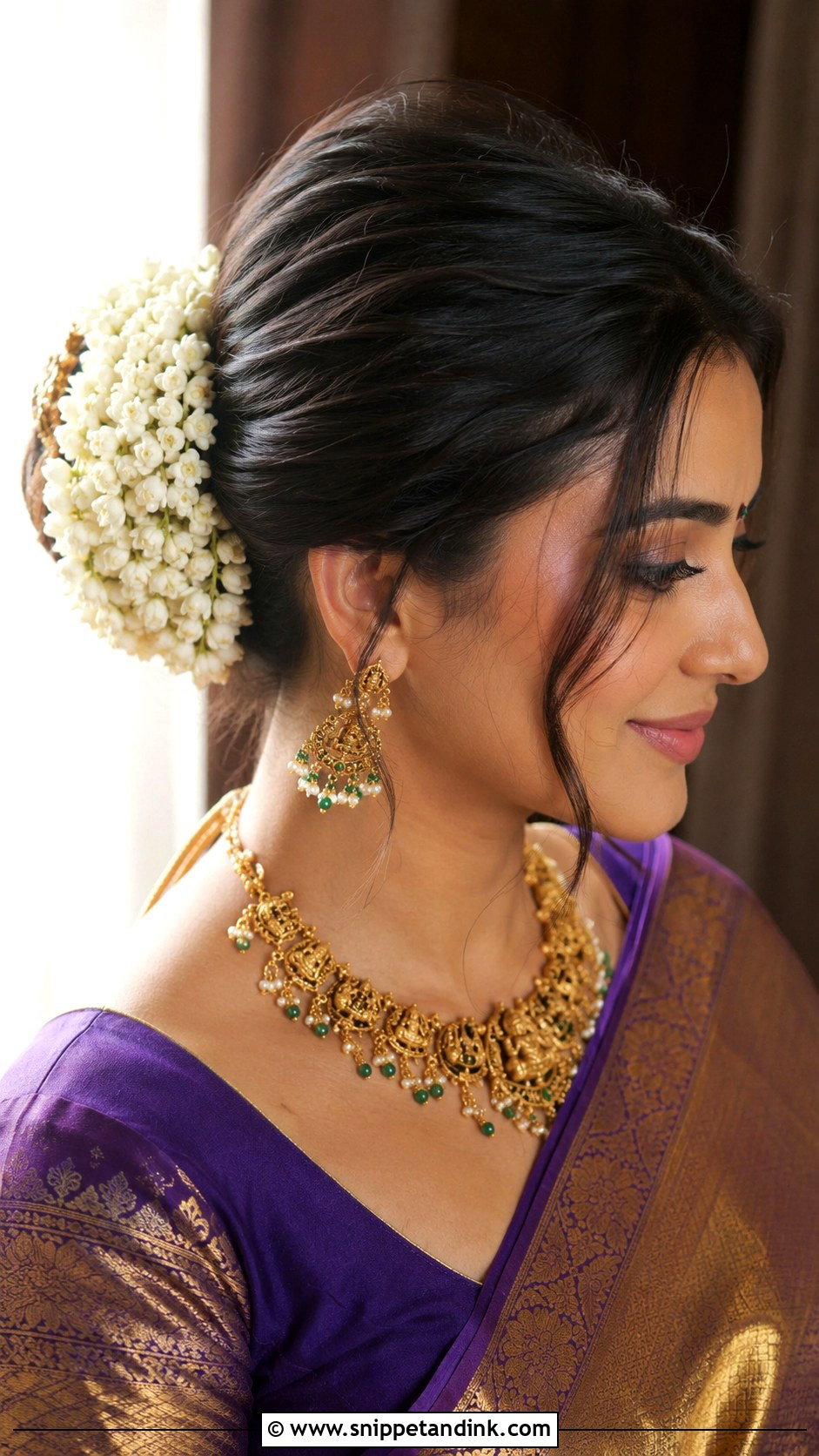 Floral Bun With Gajra Wrap - Snippet and Ink - 25 Indian Wedding Hairstyle for Chubby Face Ideas