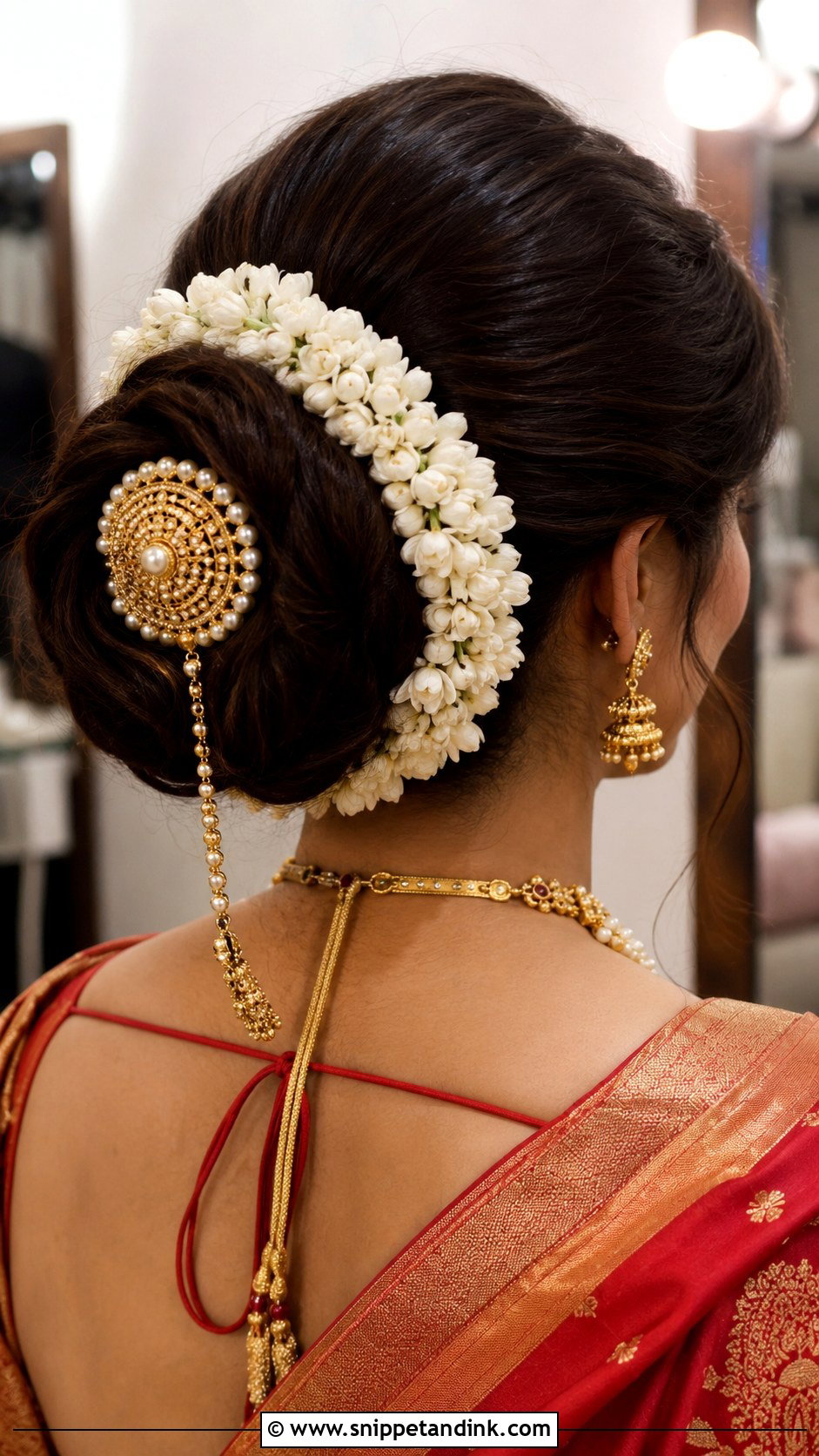 Floral Bun With Gold Hair Pin - Snippet and Ink - 25 Marathi Bride Hairstyle Ideas
