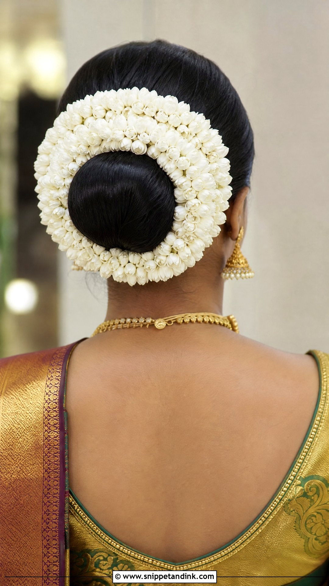 Floral Bun With Mogra Strings - Snippet and Ink - 20 Indian Wedding Bun Hairstyle Ideas