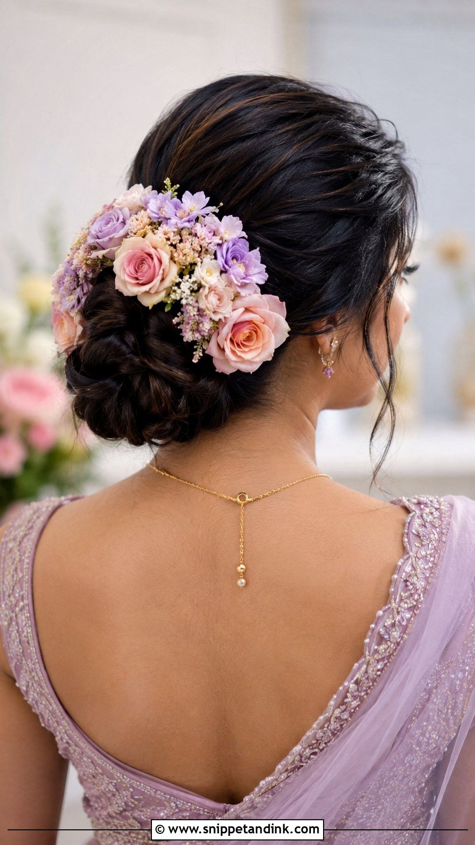 Floral Bun With Pastel Flowers - Snippet and Ink - 30 South Indian Bridal Hairstyles