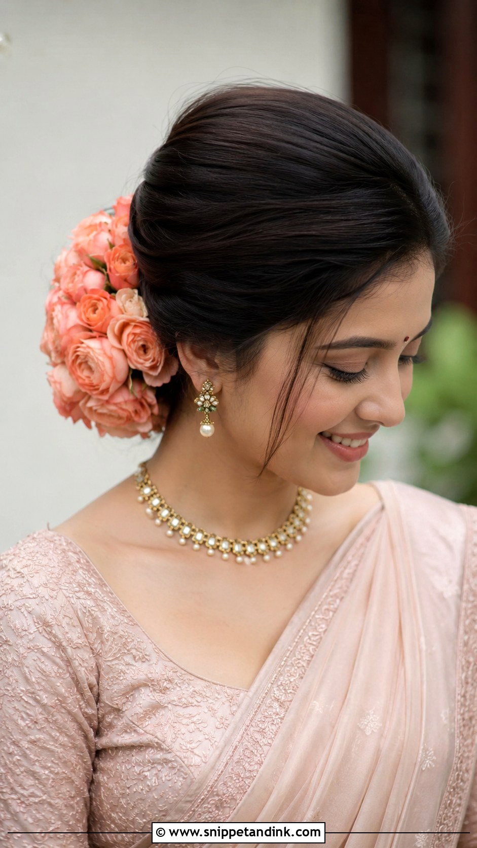 Floral Bun With Peach Roses - Snippet and Ink - 25 Kerala Wedding Hairstyle Ideas