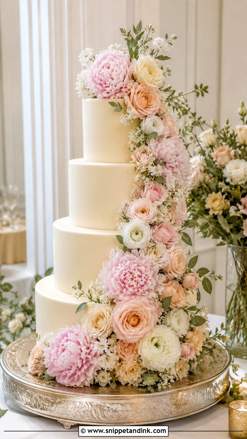 Floral Cascade Wedding Cake - Snippet and Ink - 20 Wedding Cake Ideas with Pastel Flowers