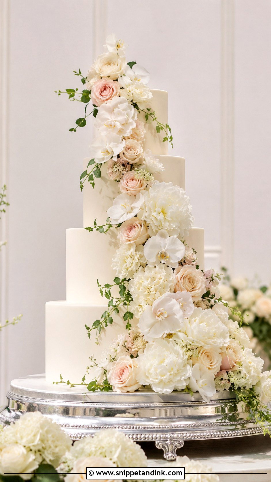 Floral Cascade Wedding Cake With Artificial Flowers - Snippet and Ink - 20 Wedding Cake Ideas with Artificial Flowers