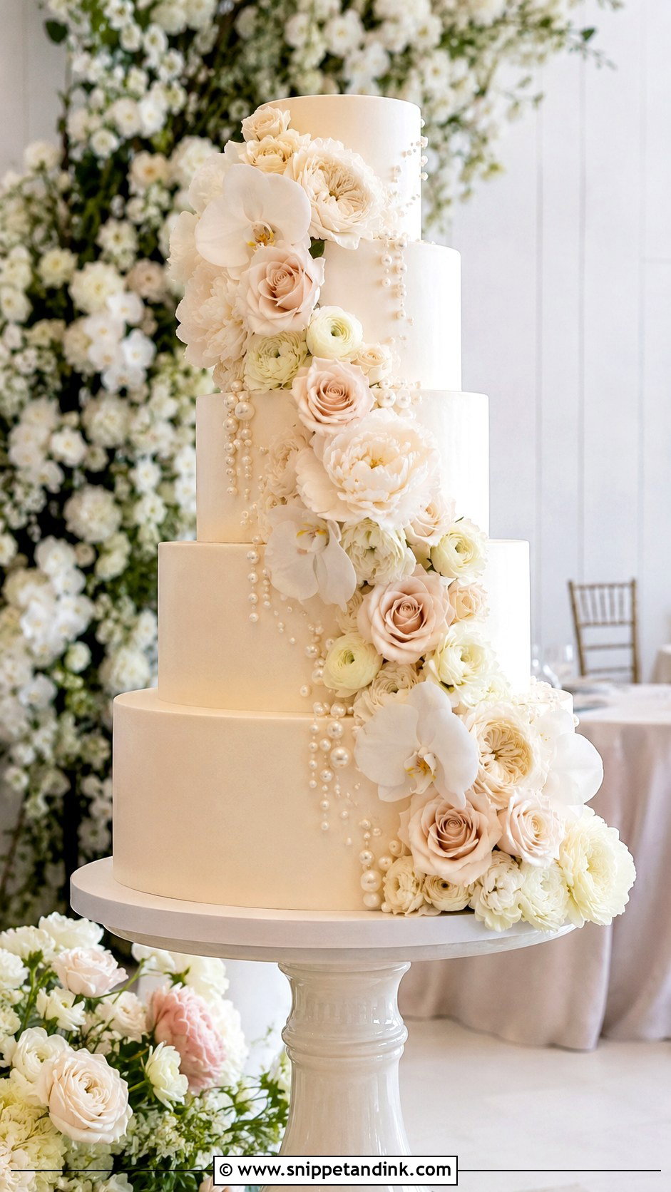 Floral Cascade Wedding Cake With Pearls - Snippet and Ink - 30 Wedding Cake Ideas with Flowers and Pearls