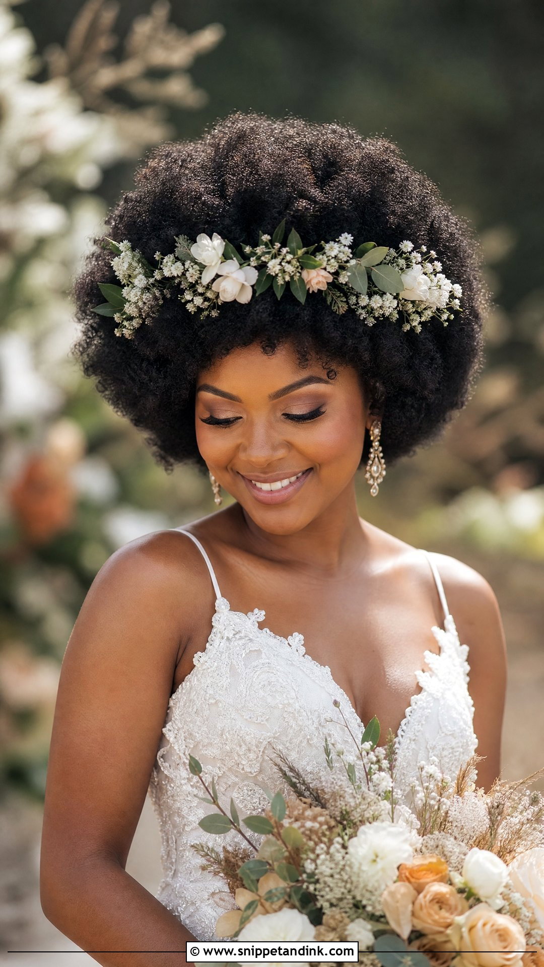 Floral Crown Afro for Bride - Snippet and Ink - 20 Natural Wedding Hairstyles Black Bride