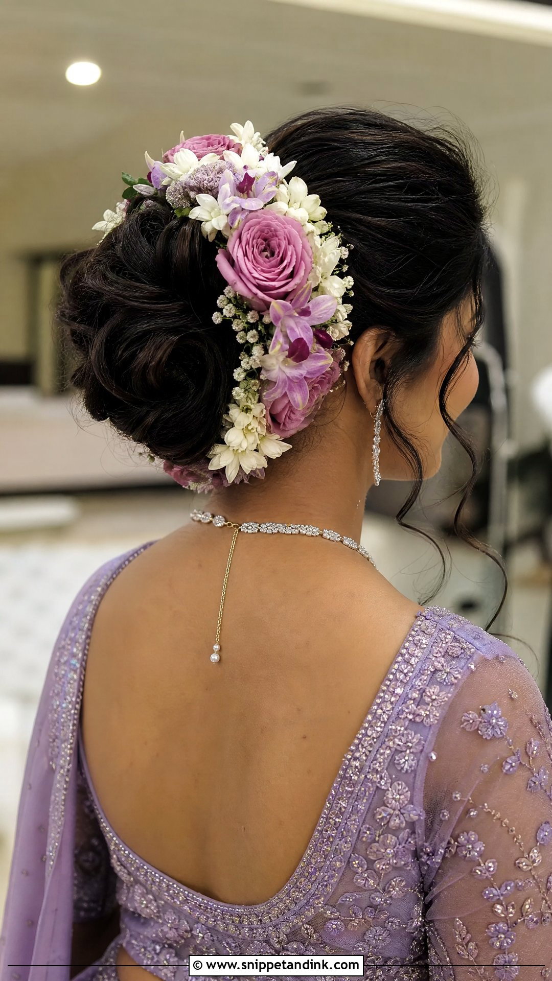 Floral Crown Bun For Reception - Snippet and Ink - 20 Tamil Wedding Hairstyle Ideas