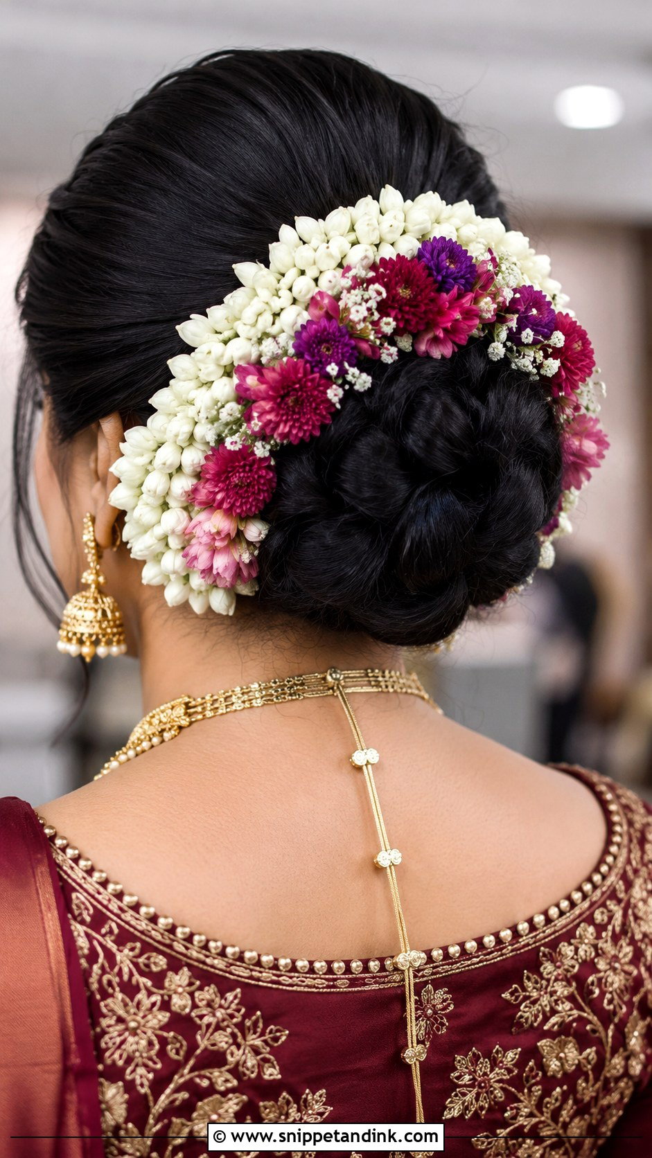 Floral Crown Bun For Reception - Snippet and Ink - 20 South Indian Bride Hairstyle with Jasmine Flowers