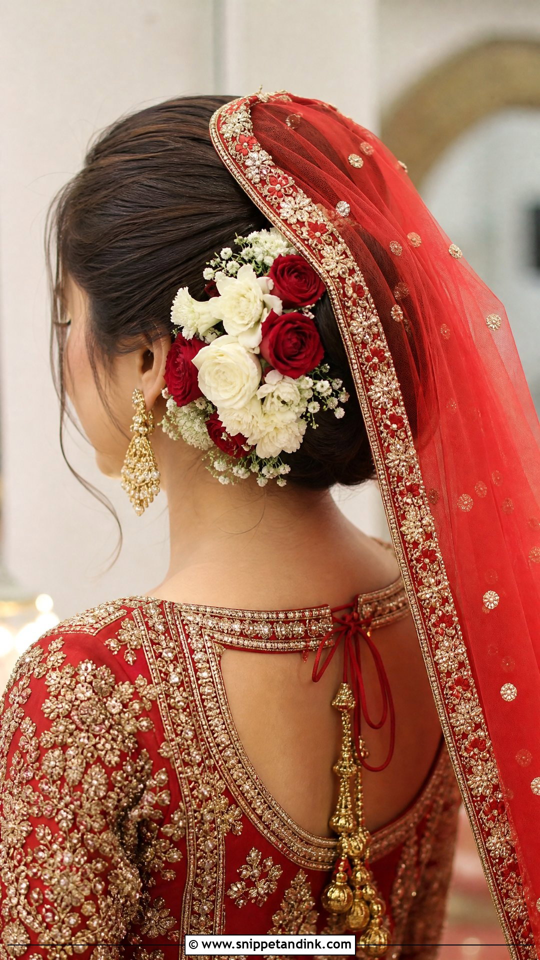 Floral Crown Bun With Dupatta Drape - Snippet and Ink - 20 Pakistani Baraat Hairstyles